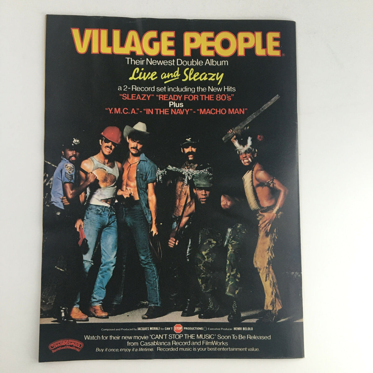 Vintage advertisement in Circus Magazine November 27 1979 for the Village People’s album 'Live and Sleazy', featuring the iconic group in a colorful and dynamic photo, representing the vibrant music scene of the late 70s.