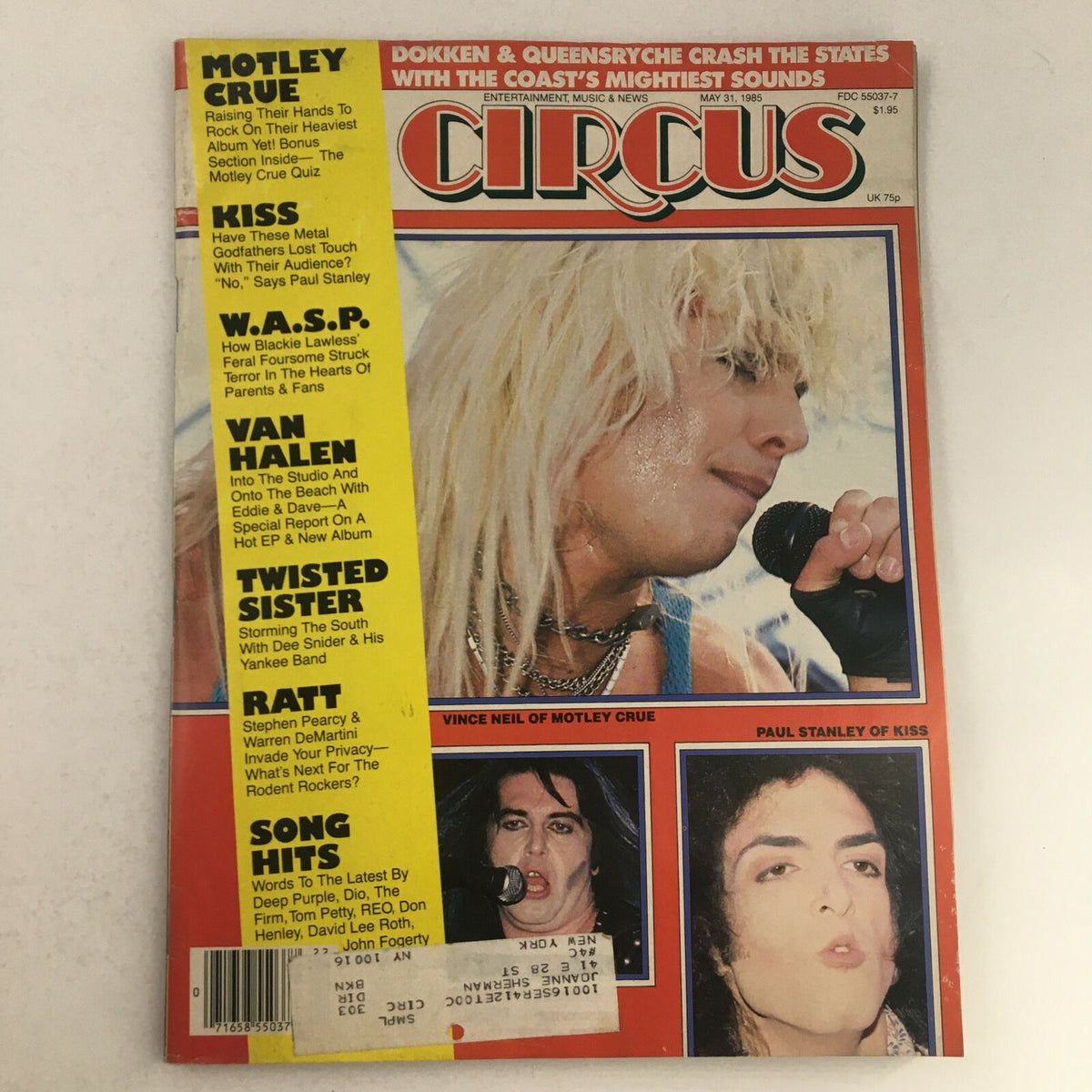 Circus Magazine May 31 1985 cover featuring Vince Neil of Mötley Crüe and Paul Stanley of Kiss, showcasing key glam rock personalities, with vibrant colors and bold headlines.