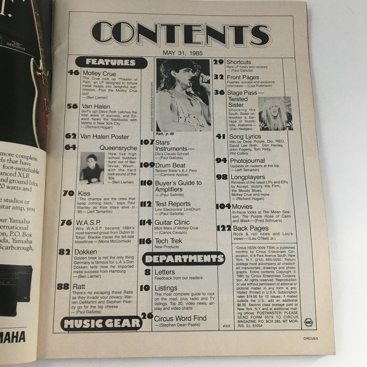 Contents page of Circus Magazine May 31 1985, outlining featured articles on Mötley Crüe, Van Halen, Paul Stanley, and other iconic rock bands from the 1980s.
