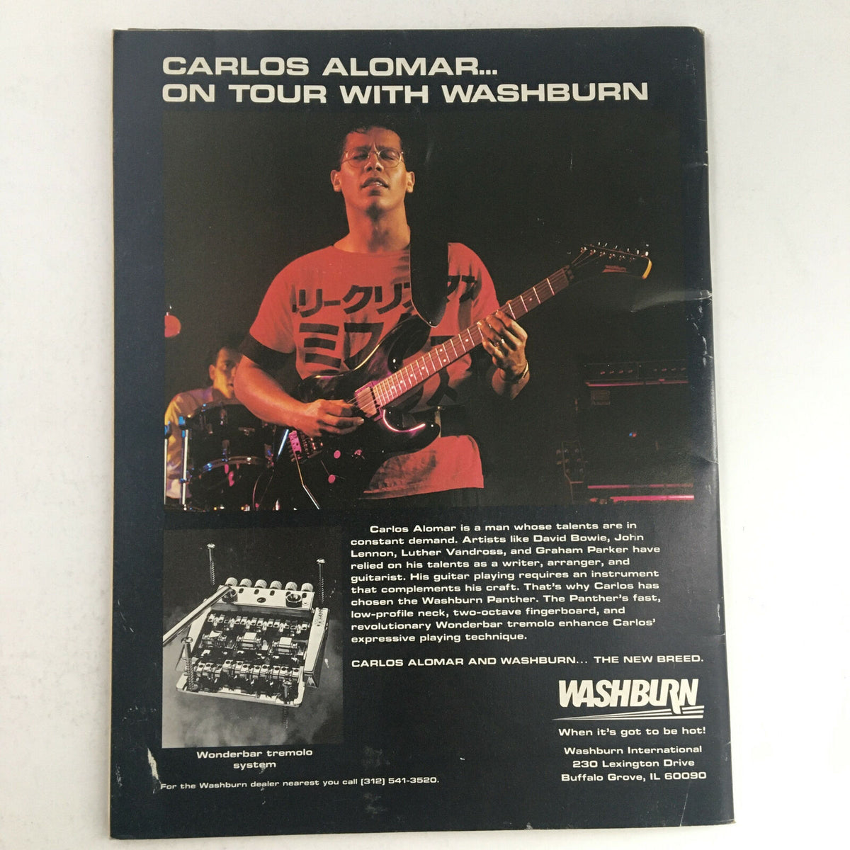 Circus Magazine May 31 1985 back cover featuring guitarist Carlos Alomar on tour with Washburn, highlighting his musical talents and promotional details.