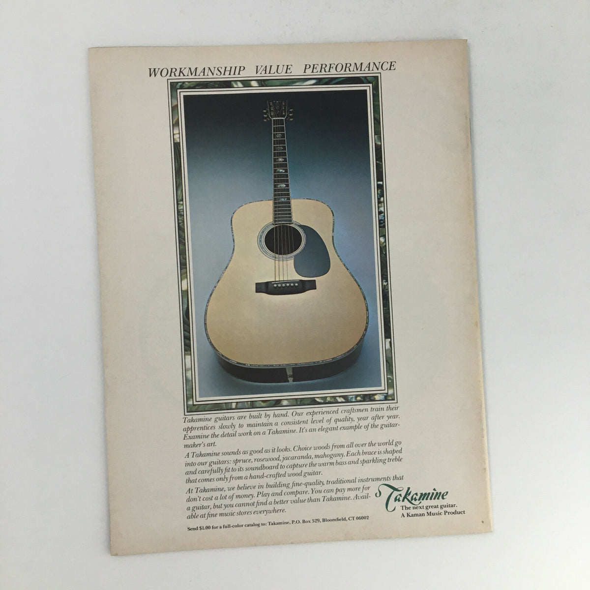 Back cover of Circus Magazine December 19 1978 highlighting a Takamine guitar with a focus on craftsmanship and quality, a part of the magazine's collectible value.