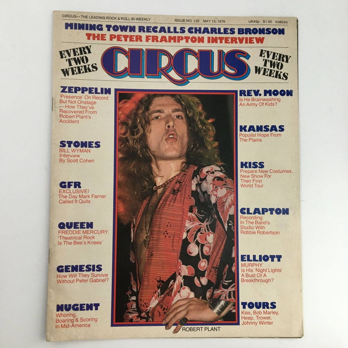 Cover of Circus Weekly Magazine May 13, 1976 featuring Robert Plant and Charles Bronson, highlighting music and pop culture of the '70s.