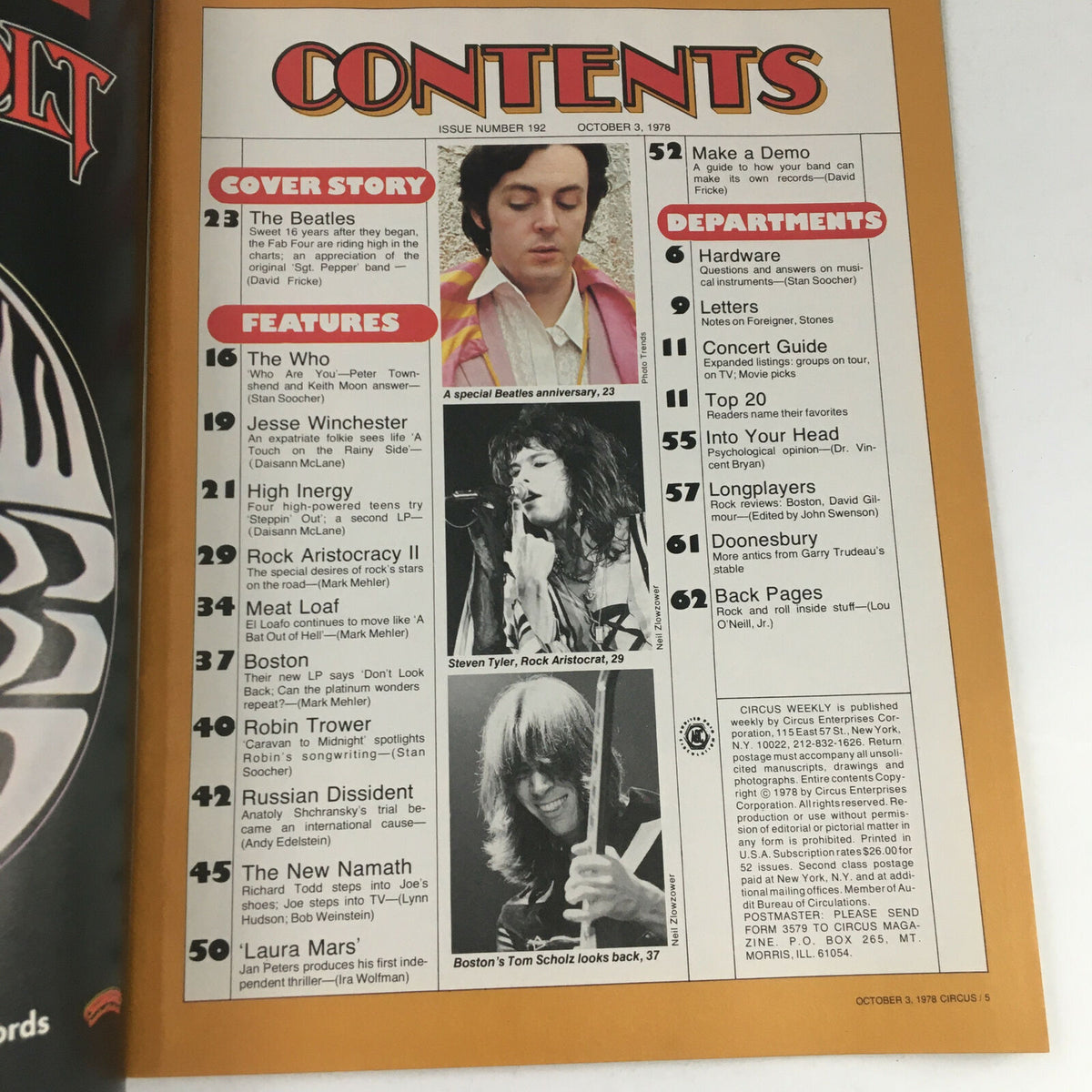 Contents page of Circus Magazine, October 3, 1978 featuring The Beatles, Keith Moon, and Steven Tyler. Highlights include articles on rock legends and various music features.