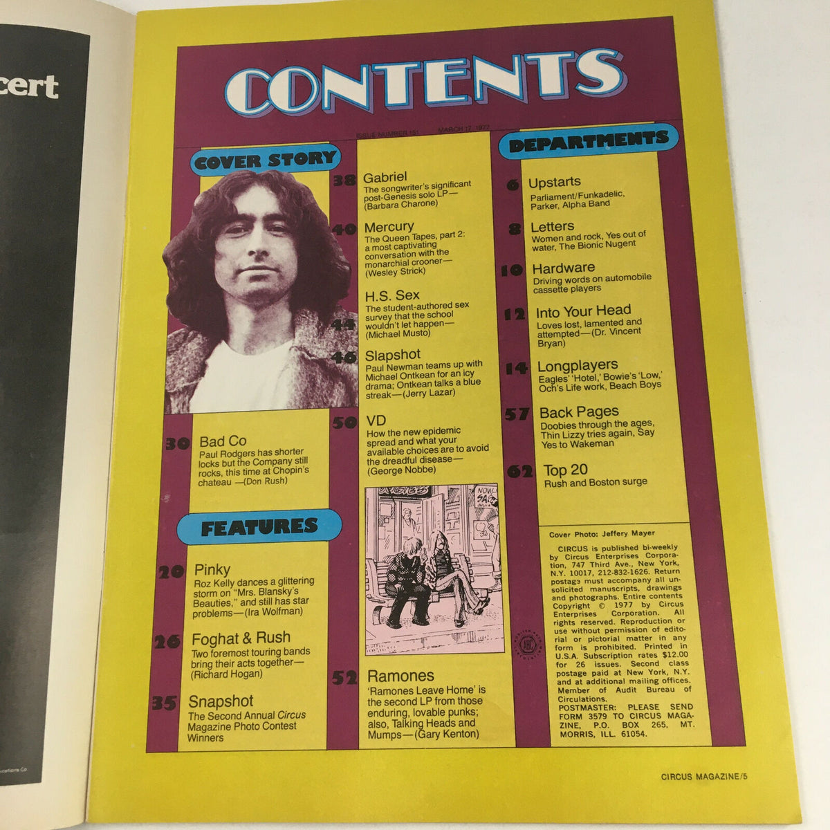 Contents page of Circus Magazine March 17 1977, highlighting features including articles on Bad Company, Gabriel, Mercury and more.