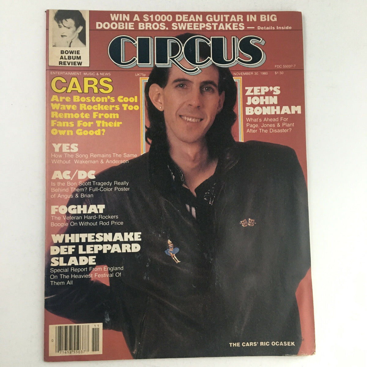 Circus Magazine cover from November 30, 1980 featuring The Cars' Ric Ocasek, with highlights including articles on David Bowie and AC/DC.