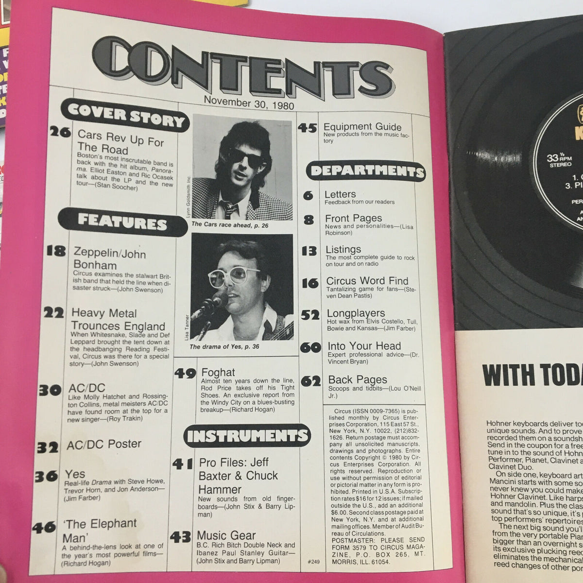 Contents page of Circus Magazine November 30, 1980 outlining features on artists like John Bonham, AC/DC, and various music departments.