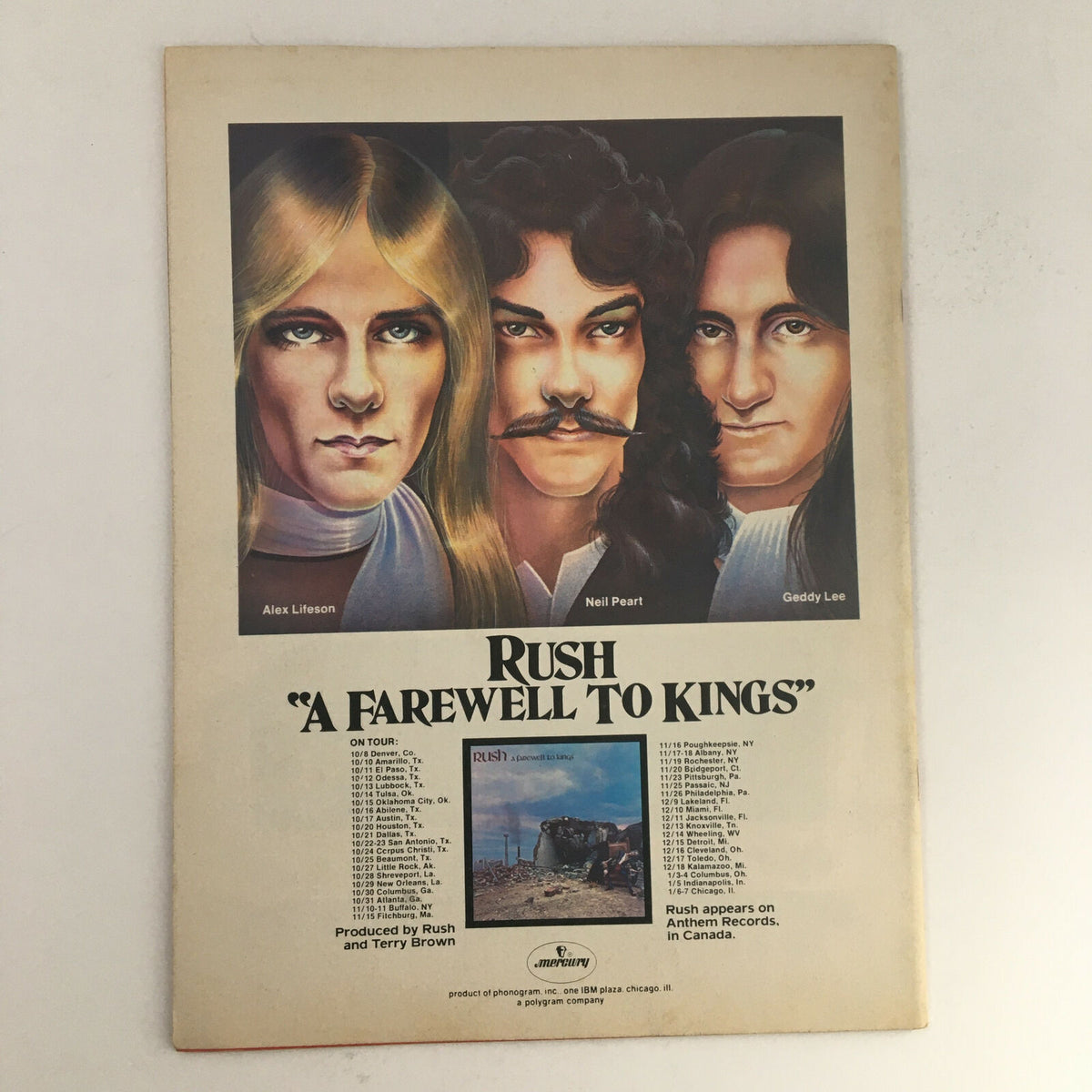 Rush band advertisement featured in Circus Magazine November 10 1977, promoting their album 'A Farewell to Kings' along with band member portraits.