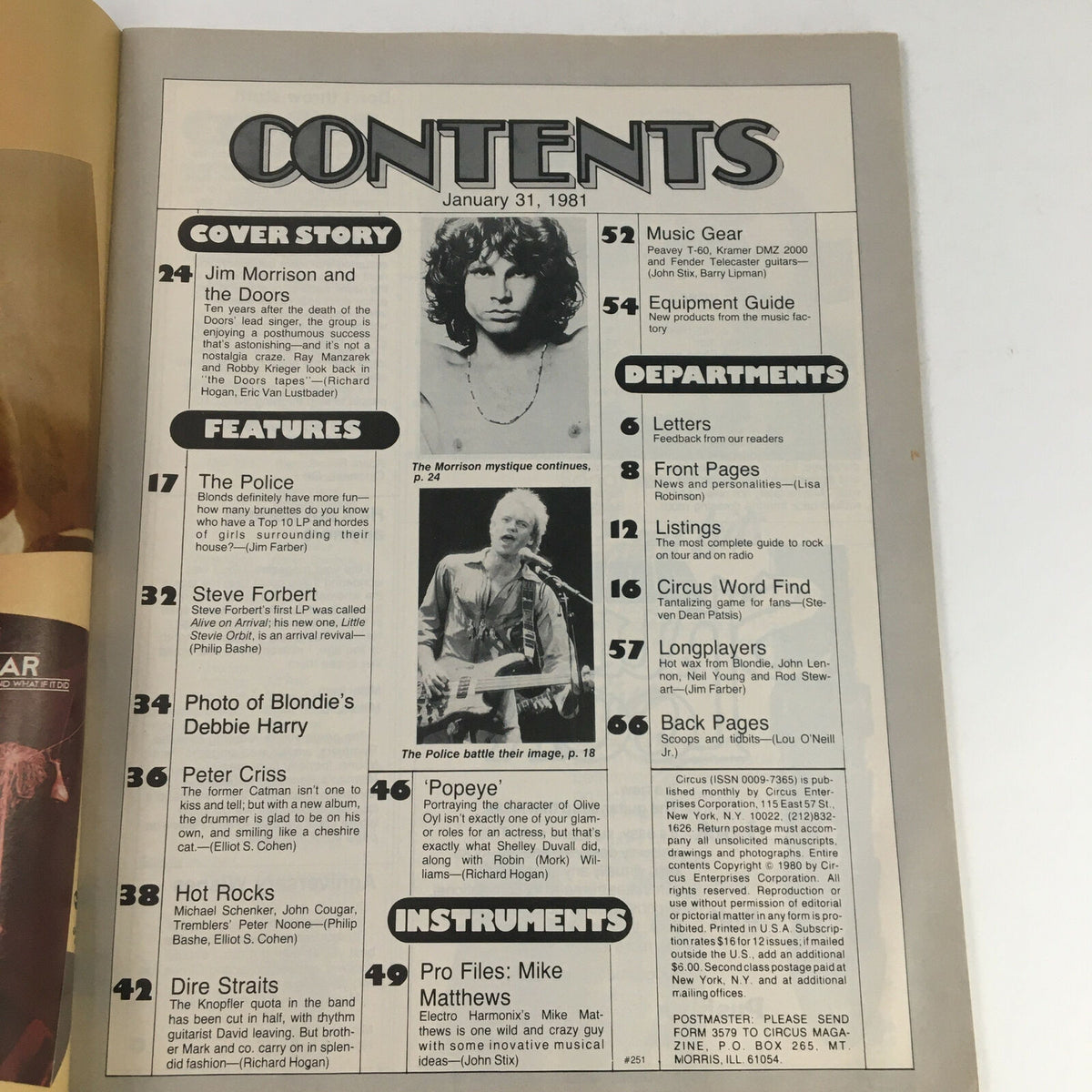 Circus Magazine January 31, 1981 contents page, listing featured articles including Jim Morrison, The Police, and Debbie Harry, indicative of the era's music scene.