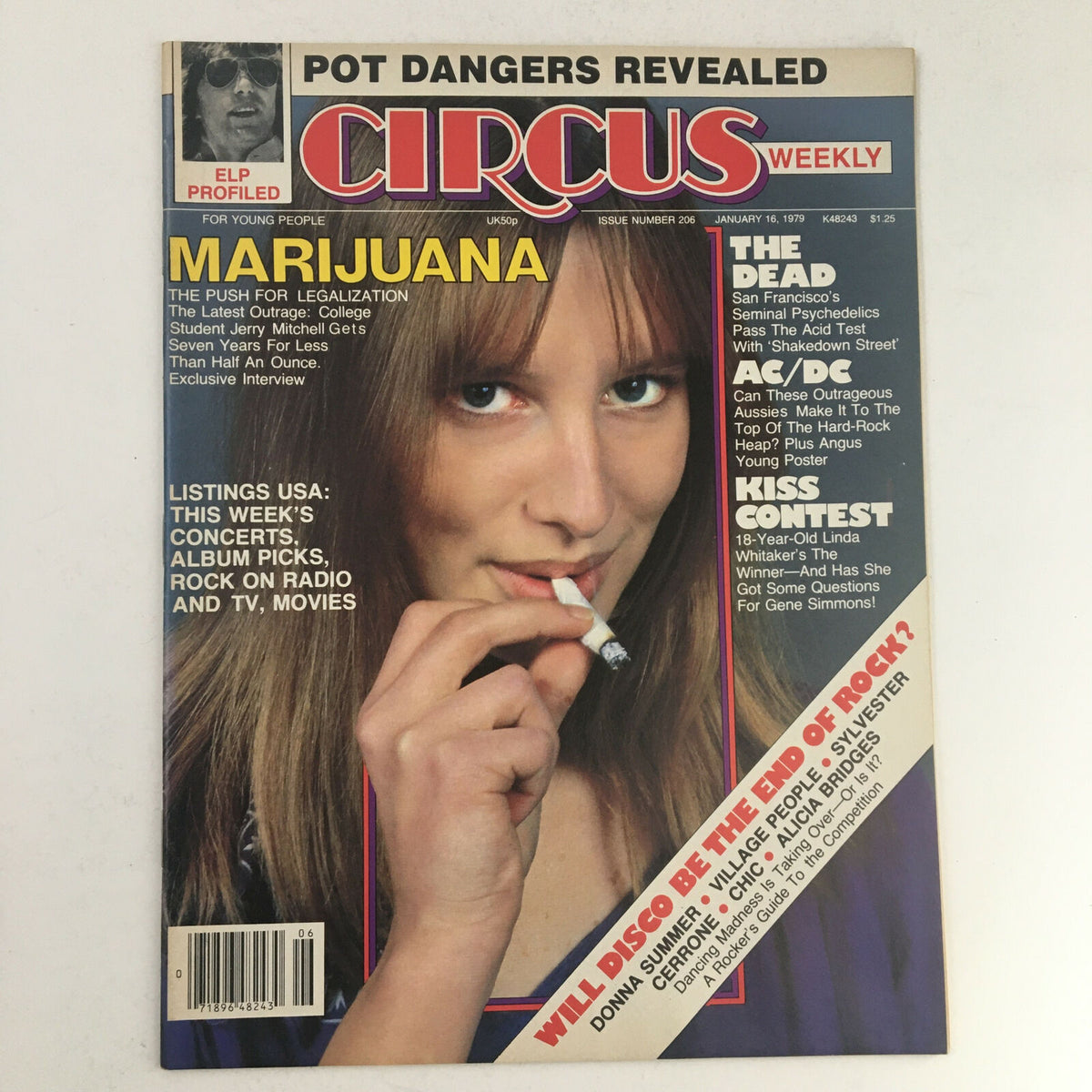 Cover of Circus Magazine January 16, 1979 featuring the title 'Circus' prominently displayed, with the headline 'Marijuana' and a photo of a young woman holding a cigarette, indicative of the cultural discussions of the late 1970s.