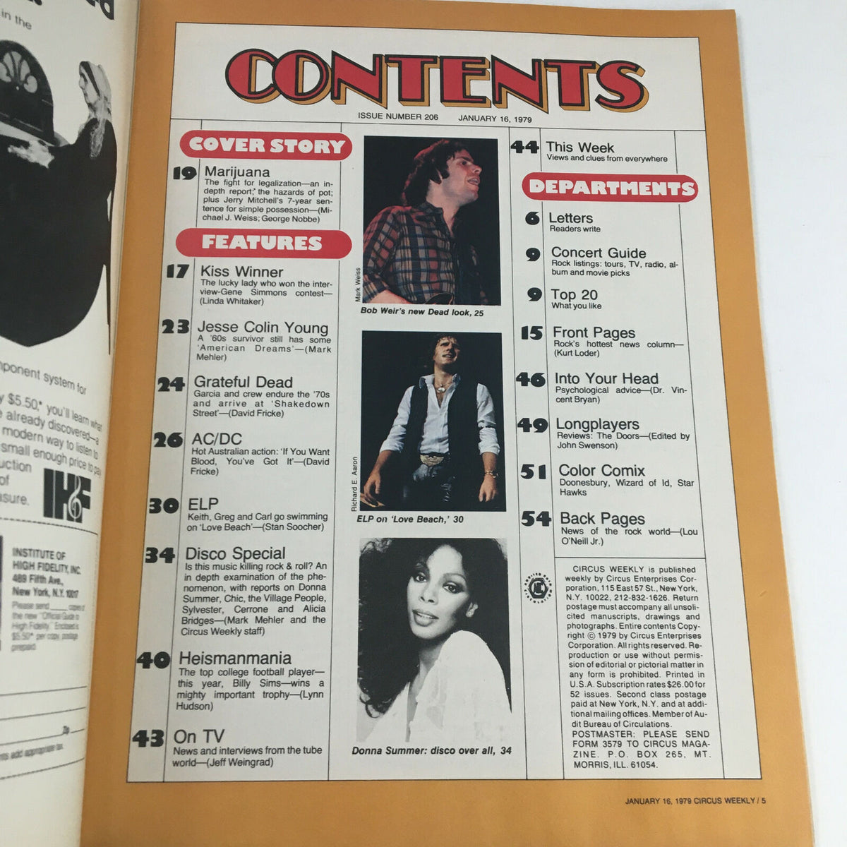 Table of contents from Circus Magazine January 16, 1979 detailing articles and features, including a cover story on marijuana and highlights about artists like AC/DC and Donna Summer.