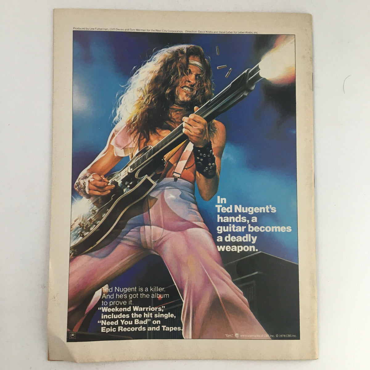 Back cover of Circus Magazine January 16, 1979 displaying a colorful advertisement for Ted Nugent, emphasizing the powerful imagery of a guitarist and the tagline about his album 'Weekend Warriors'.