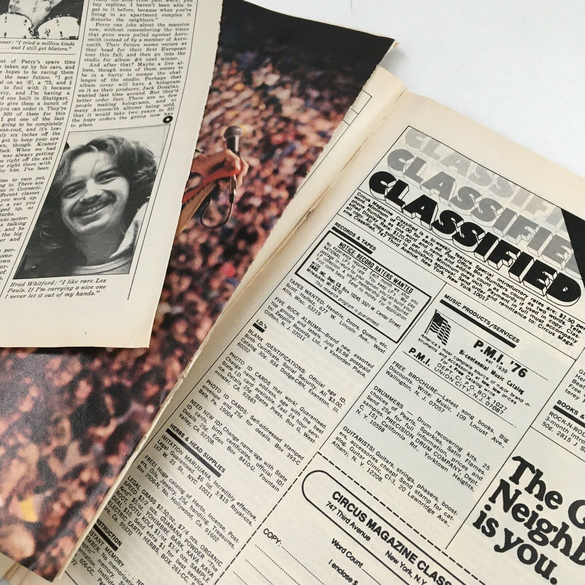 Inside view of Circus Magazine October 26 1976, highlighting classified ads and magazine content related to music and entertainment.