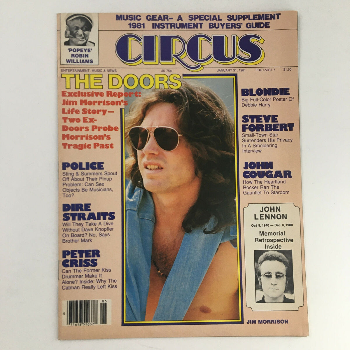Cover of Circus Magazine from January 31, 1981 featuring Jim Morrison of The Doors and Debbie Harry of Blondie, a collectible vintage magazine for rock music fans.