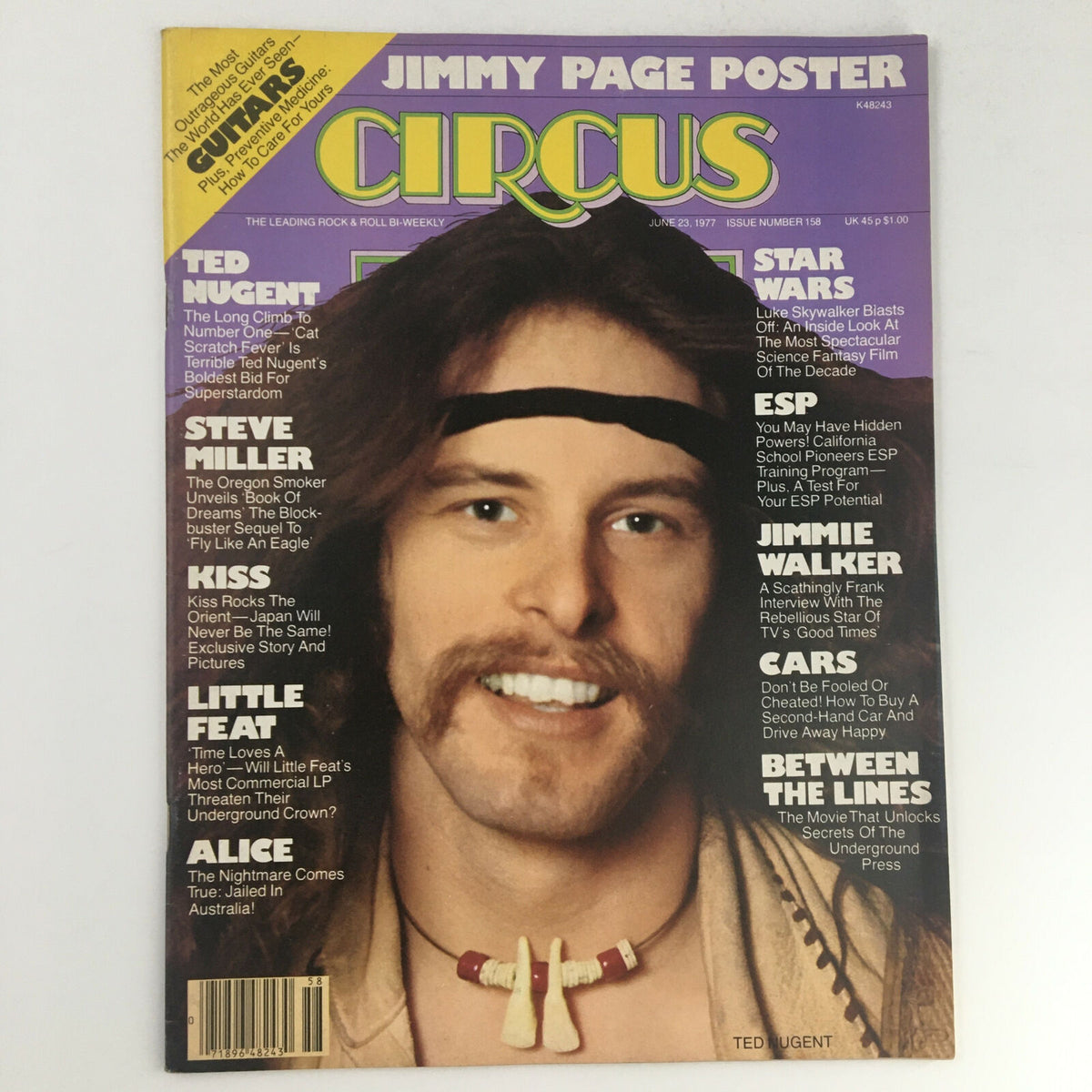 Cover of Circus Magazine from June 23, 1977, featuring Ted Nugent on the front with a prominent title 'Jimmy Page Poster'. The magazine includes articles on iconic musicians and cultural topics from the late 1970s.