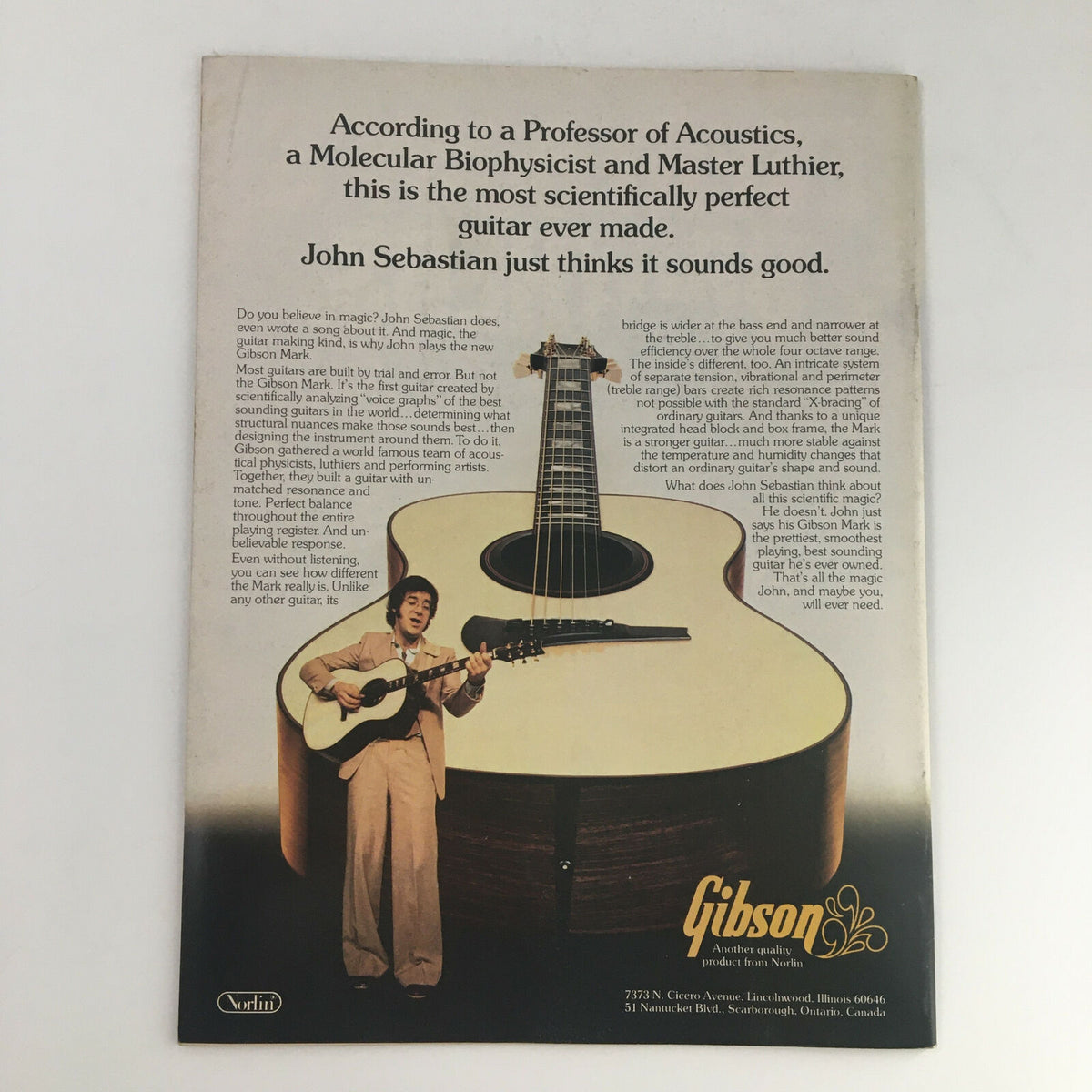 Back cover advertisement of a Gibson guitar from Circus Magazine June 23 1977 featuring John Sebastian promoting the new Gibson Mark.