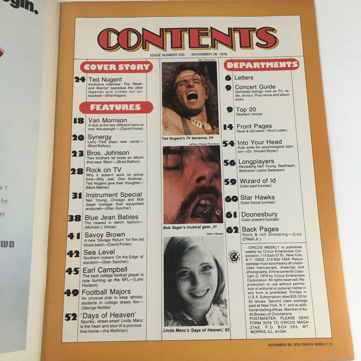 Contents page of Circus Magazine dated November 28, 1978, featuring articles about Ted Nugent, Bob Seger, and other music highlights of the time.