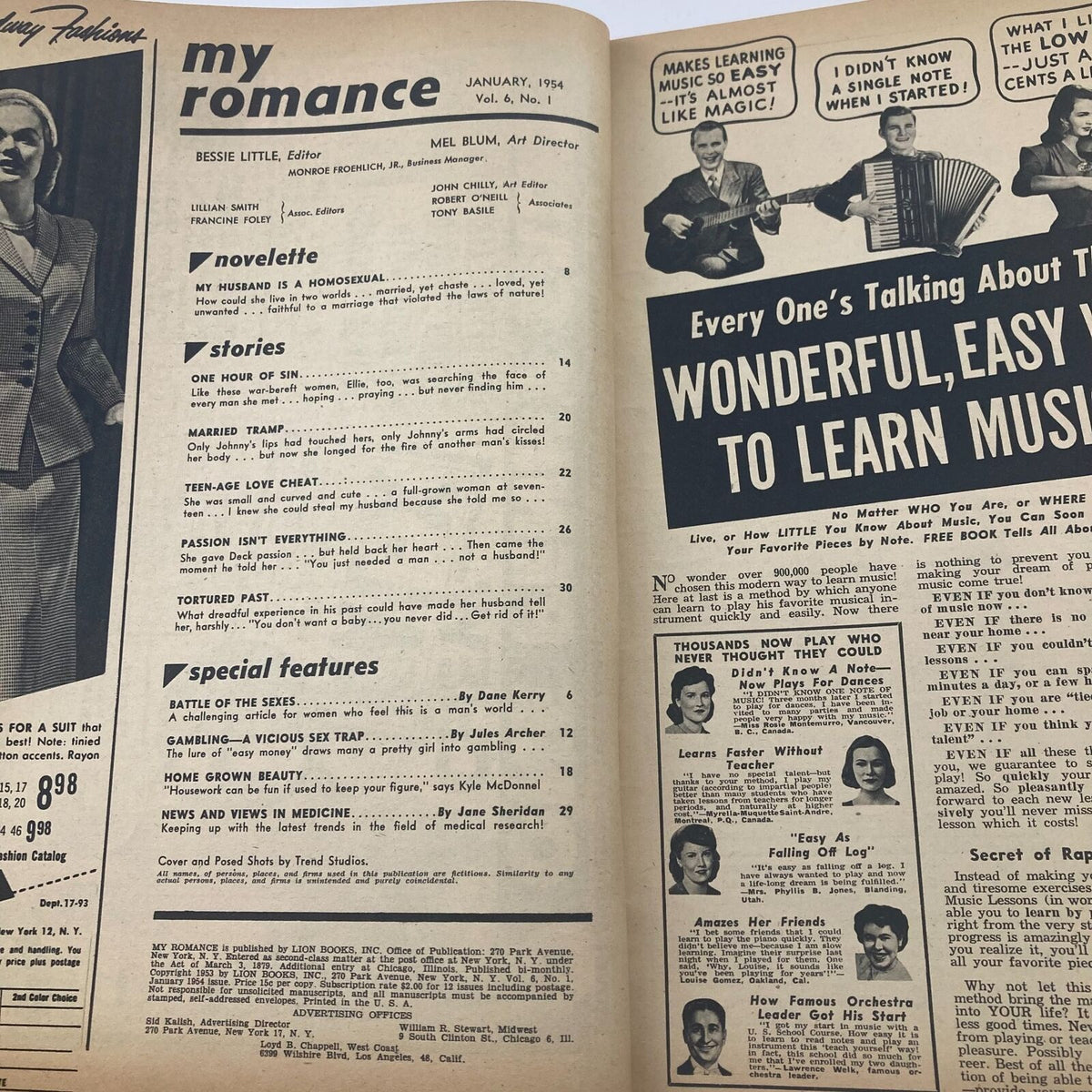 Inside page of VTG My Romance Magazine January 1954 showcasing the Table of Contents with the article titles including 'My Husband is a Homosexual' and other engaging stories from the era.
