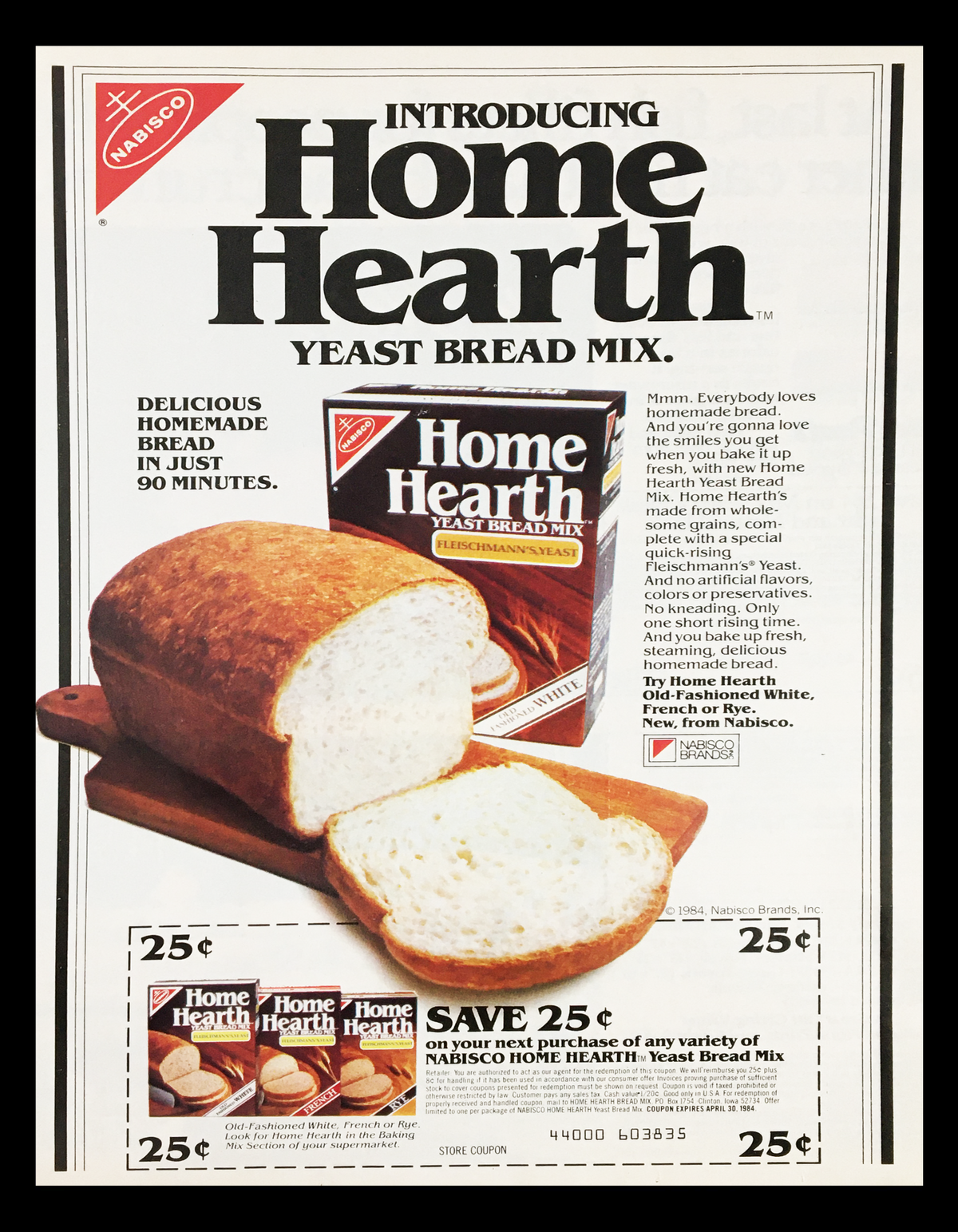 1984 Nabisco Home Hearth Yeast Bread Mix Circular Coupon Advertisement showcasing a fresh loaf of homemade bread and the product packaging, highlighting a promotional coupon offer.