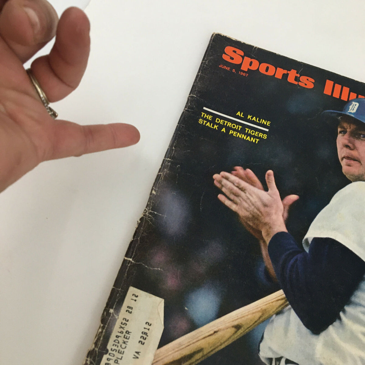 Close-up of the cover of Sports Illustrated Magazine dated June 5, 1967, highlighting Al Kaline, a player for the Detroit Tigers, with visible details of the magazine's title 'Al Kaline The Detroit Tigers Stalk A Pennant'.
