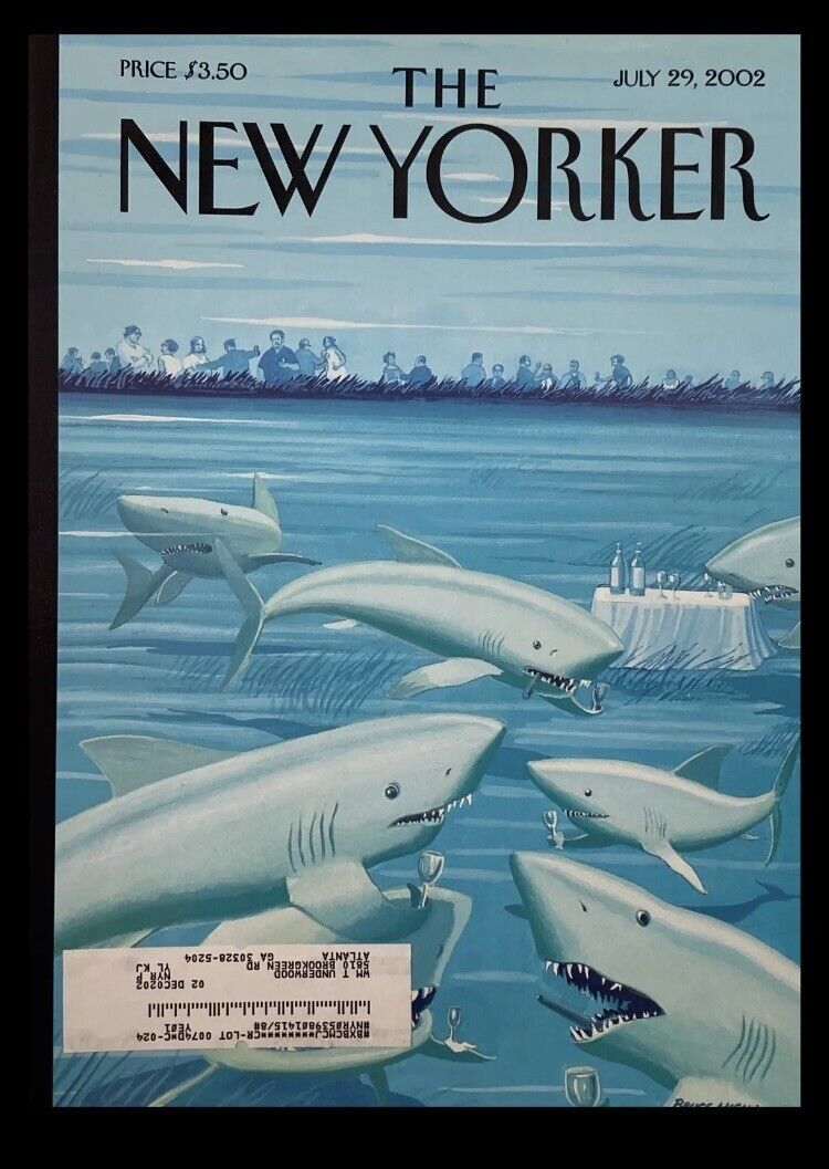 Custom Covers Only New Yorker magazine cover from July 29, 2002, featuring a whimsical illustration of sharks with wine glasses in a serene underwater scene.