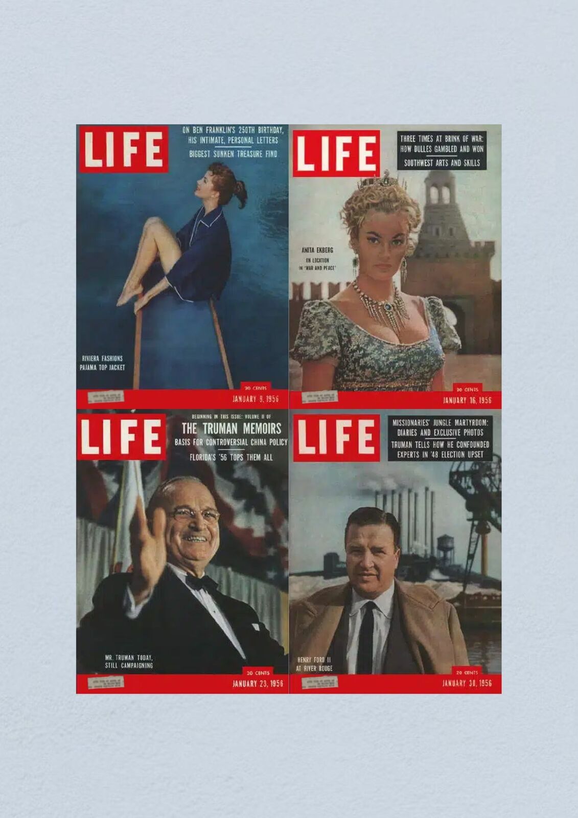 Life Magazine lot of 4 covers for January 1956 showcasing the editions from the 9th, 16th, 23rd, and 30th featuring themes like fashion, politics, and cultural highlights.