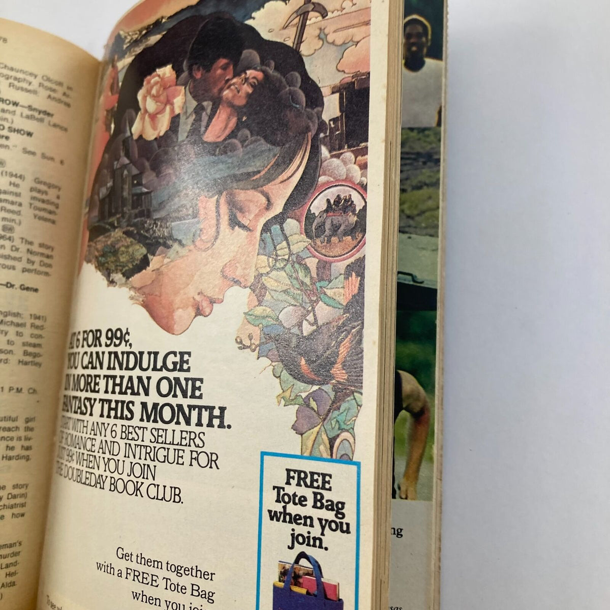 Ad page from the TV Guide Magazine February 18 1978 #1299 promoting a book club with a colorful illustration of a couple and a free tote bag offer.