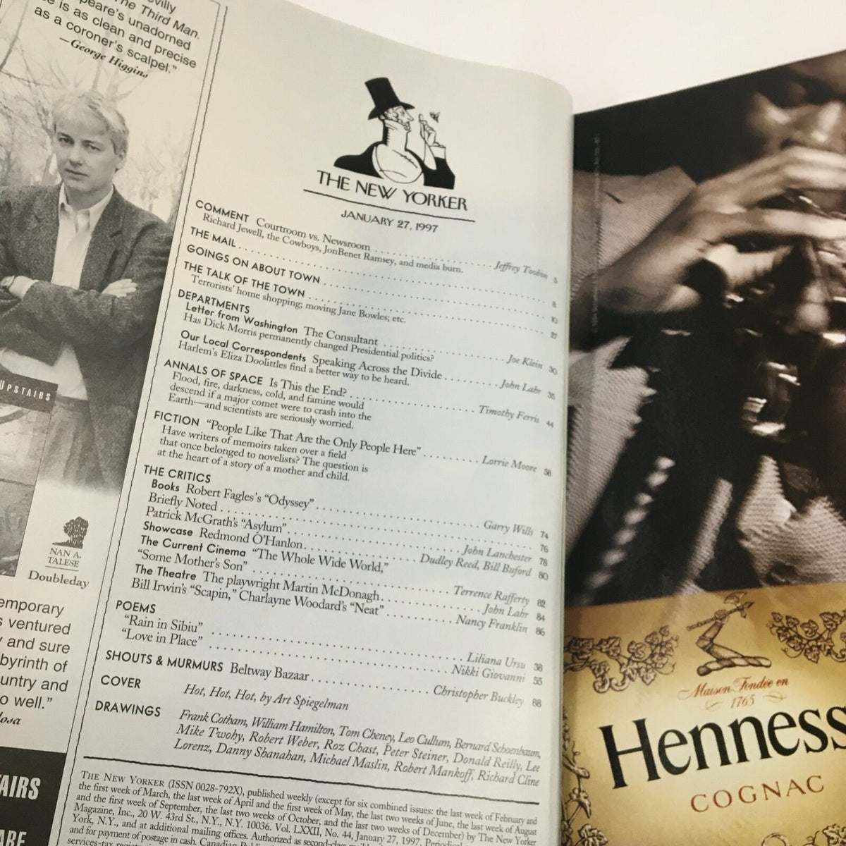 Interior page of The New Yorker magazine, January 27, 1997, showcasing the table of contents and details such as commentaries, departments, and cover art titled 'Hot Hot Hot' by Art Spiegelman.