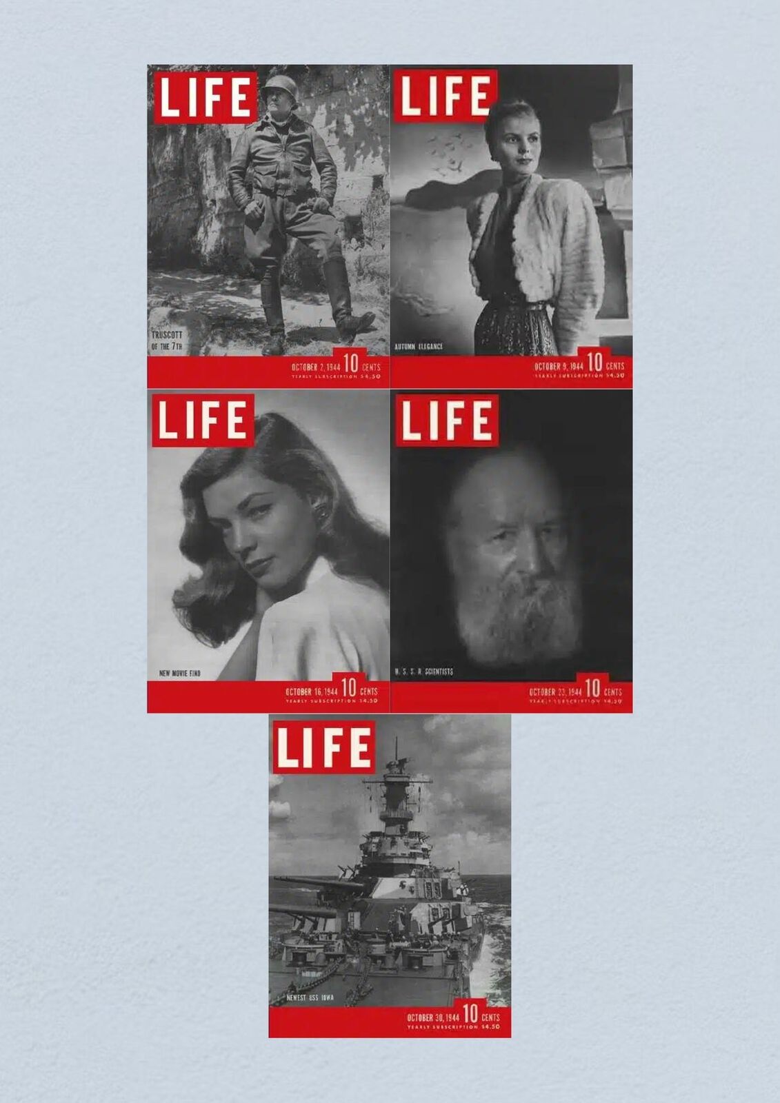 Life Magazine Lot of 5 Full Month of October 1944 covers, featuring articles on WWII including General Truscott, Autumn Elegance, Lauren Bacall, and USS Iowa.