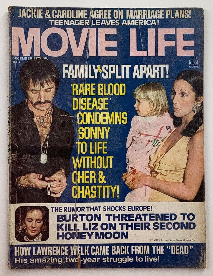 VTG Movie Life Magazine December 1973 featuring Elizabeth Taylor and Richard Burton on the cover, showcasing Hollywood glamour with headlines on family drama and celebrity news.