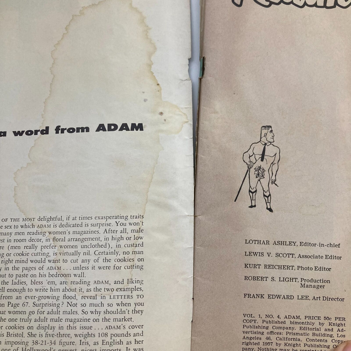 Close-up of the 'A Word From Adam' page in VTG Adam Magazine February 1957 Vol 1 No 4, detailing editor notes and magazine features.