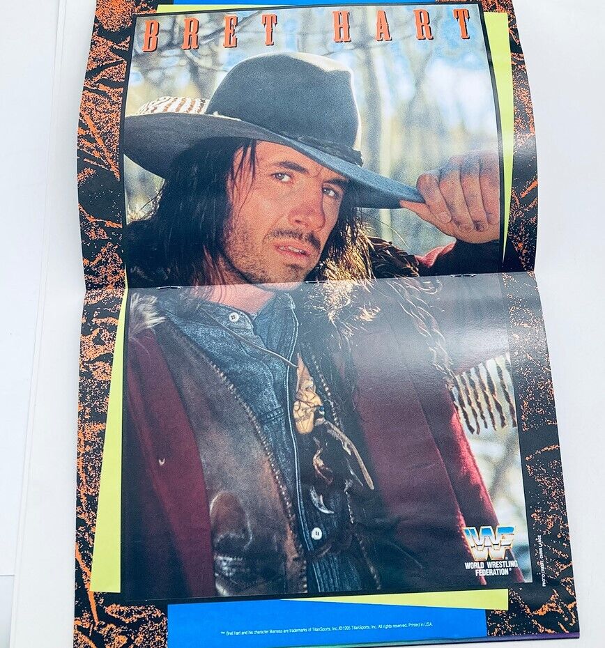 Foldout poster from WWF World Wrestling Federation Magazine June 1995 featuring Bret Hart with a cowboy hat, adding collectible appeal.