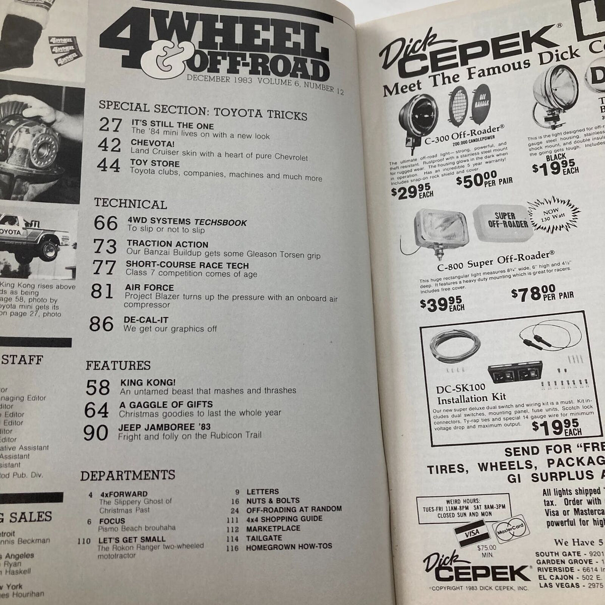Interior page from Petersen's 4 Wheel & Off-Road Magazine December 1983 displaying magazine contents, including sections on off-road technology and features like 'King Kong' and project vehicles.