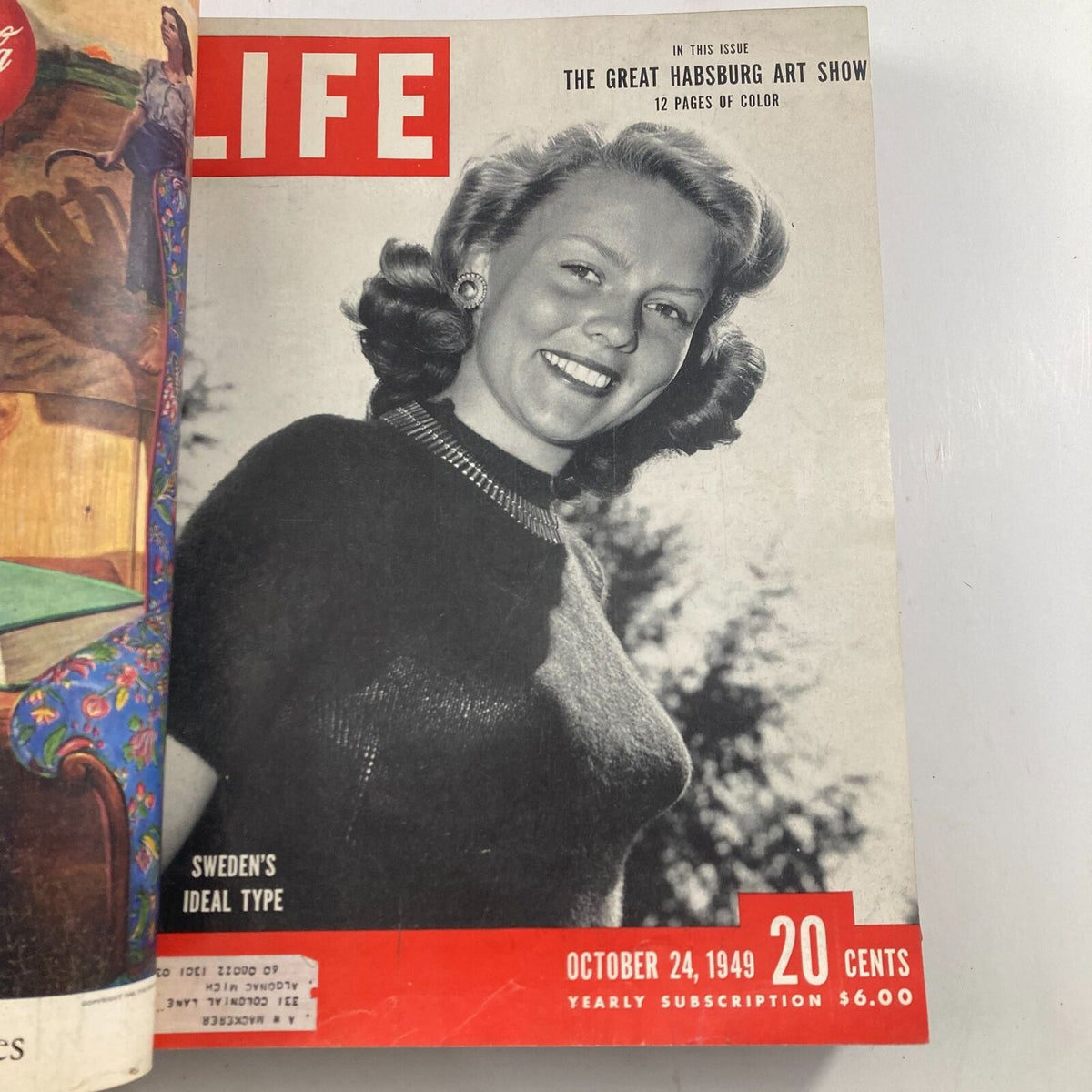Front cover of VTG 1949 Bound Life Magazine featuring a smiling young woman, dated October 24, 1949, highlighting Sweden's Ideal Type.