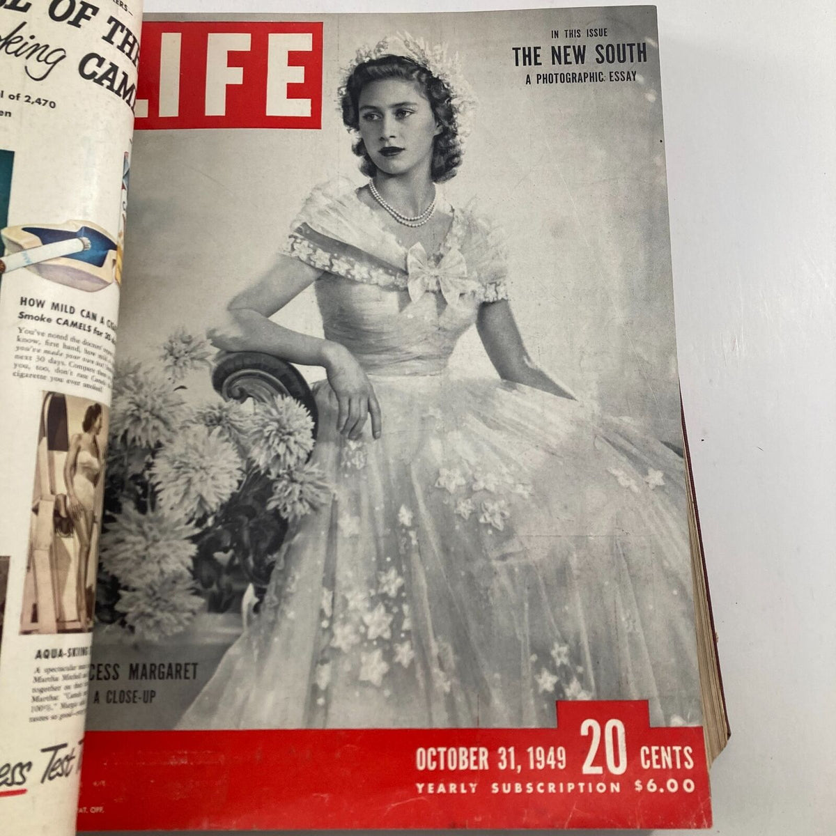 Cover of VTG 1949 Bound Life Magazine showcasing a striking young woman in a white dress, dated October 31, 1949, covering The New South.