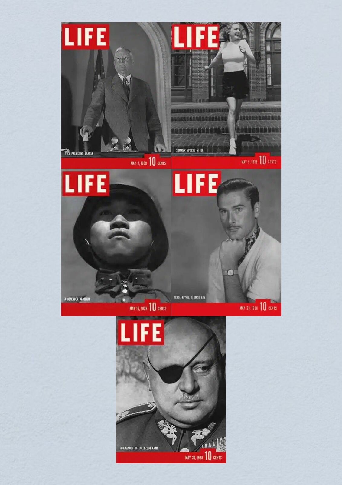 Life Magazine Lot of 5 Full Month of May 1938, featuring covers from May 2, 1938 with Vice President Garner, May 9, 1938 showcasing summer sports style, May 16, 1938 depicting a Chinese soldier, May 23, 1938 featuring Errol Flynn, glamor boy, and May 30, 1938 with the commander of the Czech army.