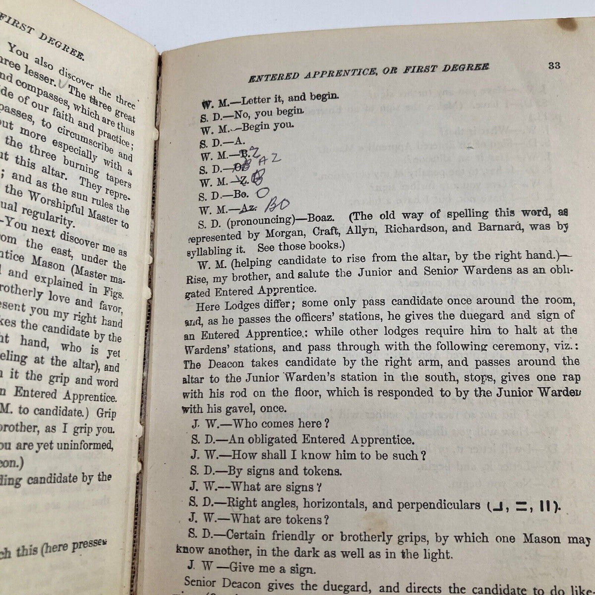 Page 23 of '1922 Duncan's Ritual and Monitor of Freemasonry Part 1' by Sol C. Johnson featuring instructions for the Entered Apprentice or First Degree in Freemasonry.