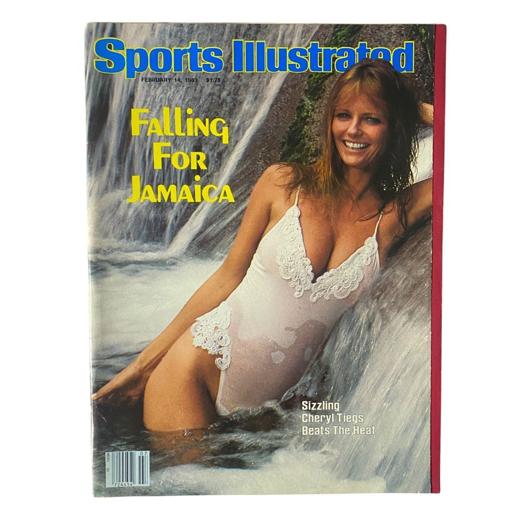 Cover of Sports Illustrated Swimsuit Issue (February 14, 1983) featuring iconic model Cheryl Tiegs in a white swimsuit, set against a backdrop of a waterfall.