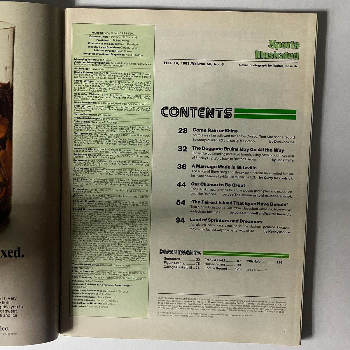Inside page of Sports Illustrated Swimsuit Issue (February 14, 1983) displaying the table of contents, showcasing featured articles and photography.
