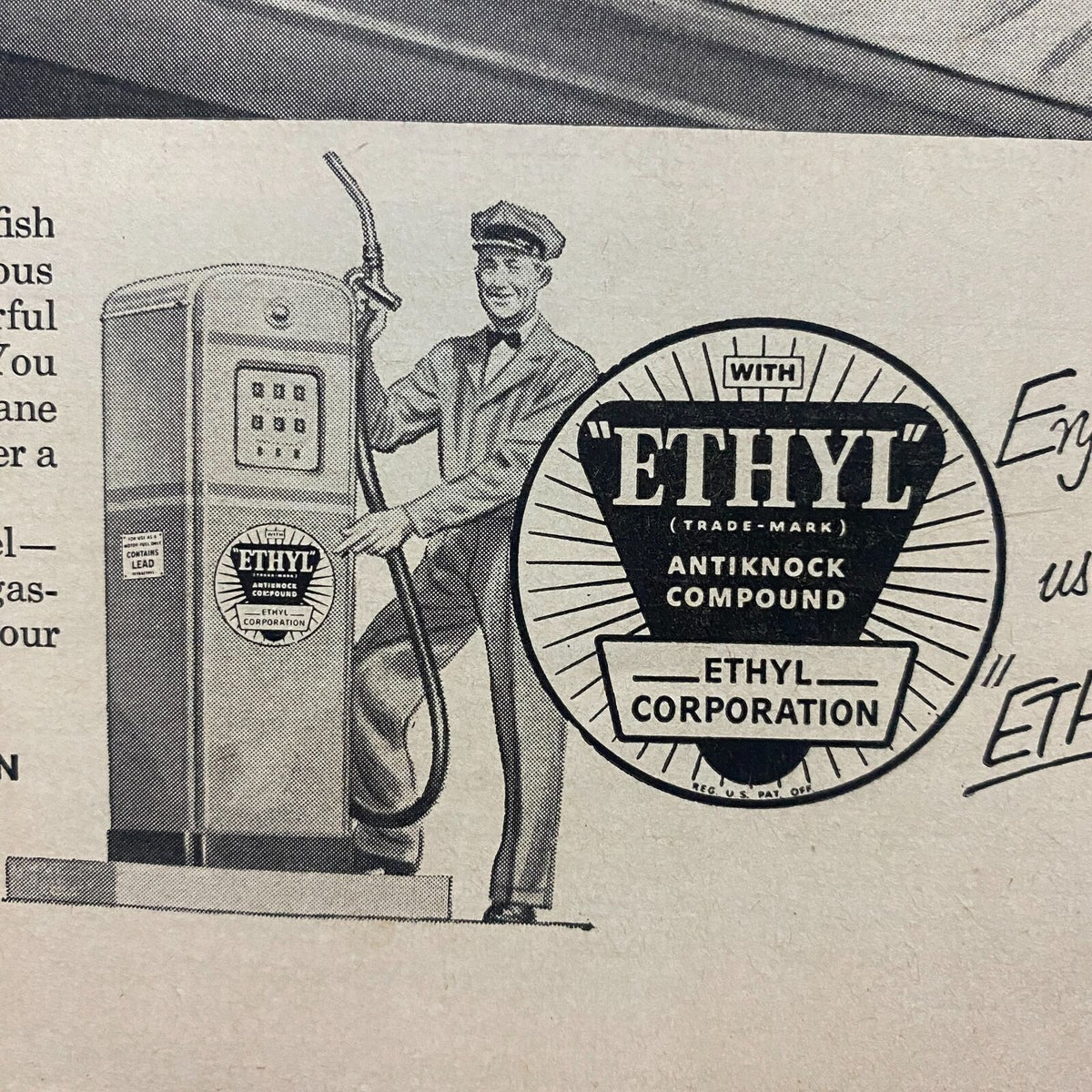Vintage advertisement for Ethyl gasoline featuring a smiling gas station attendant with a gas pump, featured in Sports Illustrated Magazine August 16 1954 First Edition Premier Issue.
