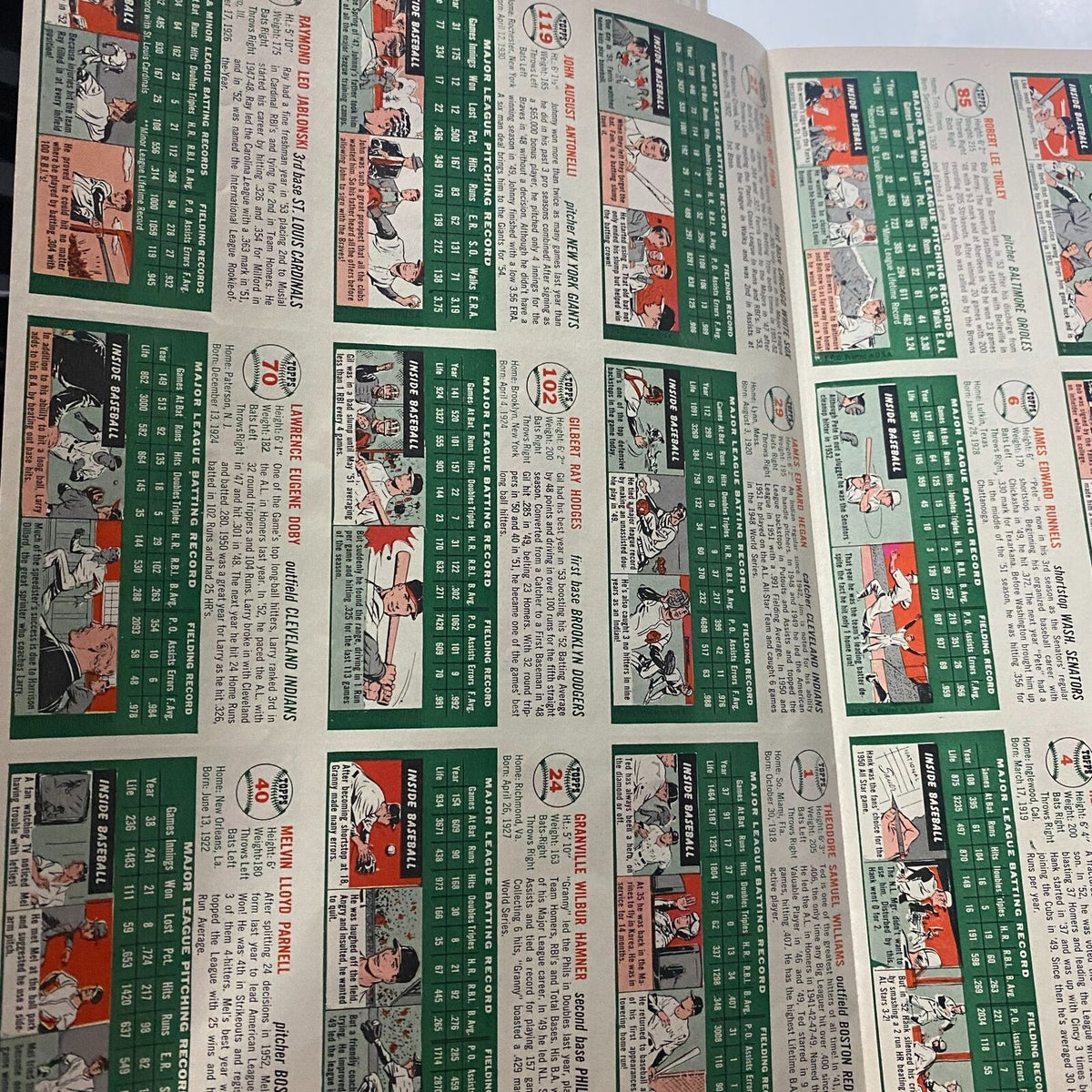 Inside pages of Sports Illustrated Magazine August 16 1954 First Edition showing baseball statistics and player information.