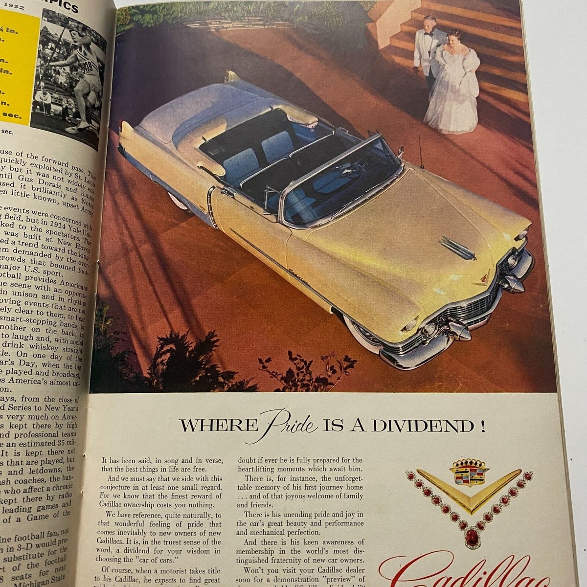Vintage Cadillac advertisement featured in Sports Illustrated Magazine August 16 1954 First Edition highlighting automotive pride and luxury.