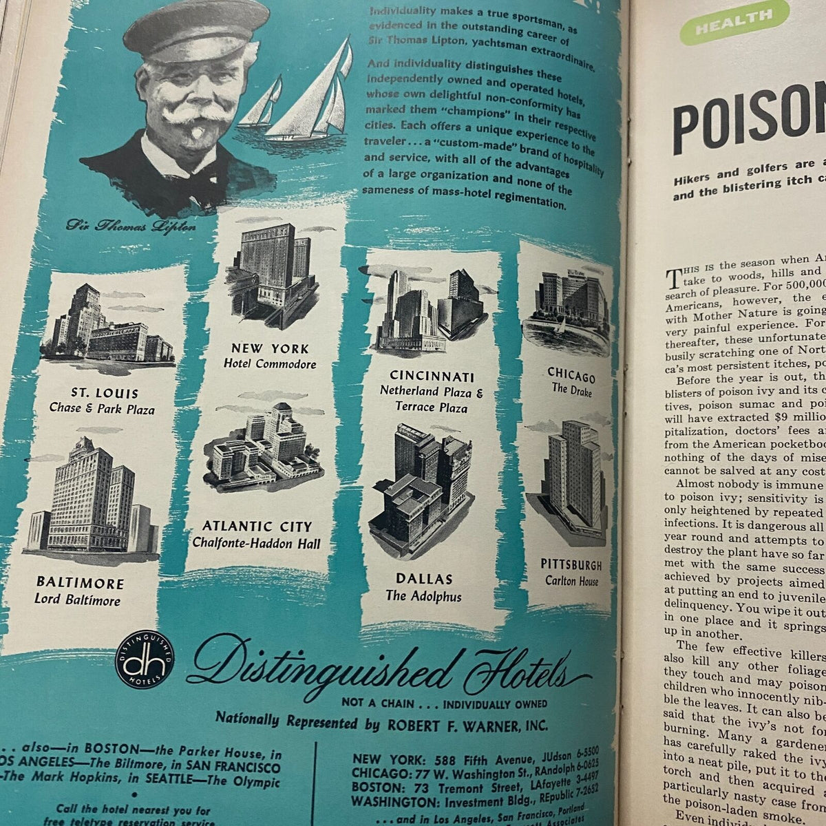 Vintage advertisement for distinguished hotels featuring Sir Thomas Lipton. From Sports Illustrated Magazine August 16 1954 First Edition Premier Issue.