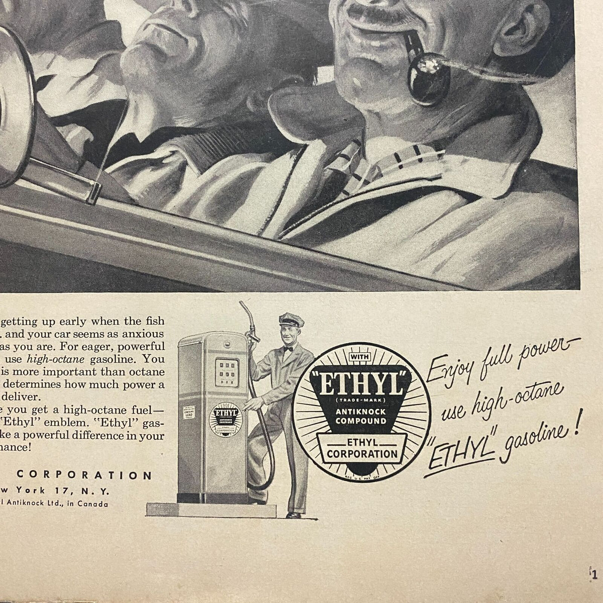 Illustration showing two happy men inside a car with a gas station attendant promoting Ethyl gasoline, from Sports Illustrated Magazine August 16 1954 First Edition Premier Issue.