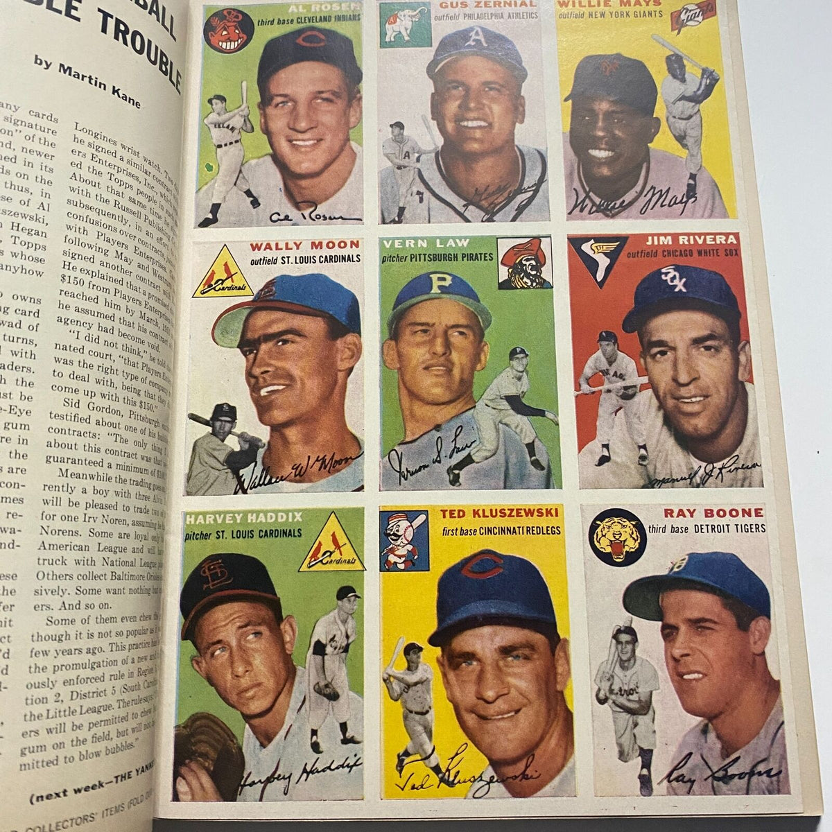 Eddie Mathews featured on Sports Illustrated Magazine August 16 1954 First Edition Premier Issue, showcasing iconic baseball player cards including Wally Moon, Vern Law, and Harvey Haddix.