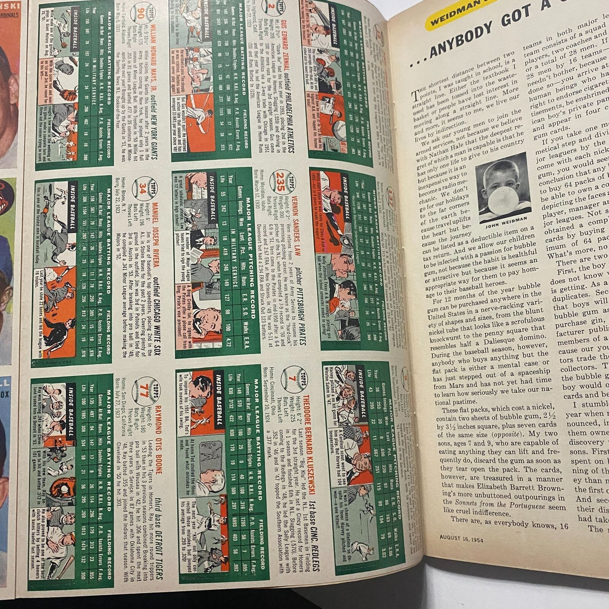 Interior page of Sports Illustrated Magazine August 16 1954 First Edition Premier Issue, featuring a detailed article and statistical graphics related to baseball.