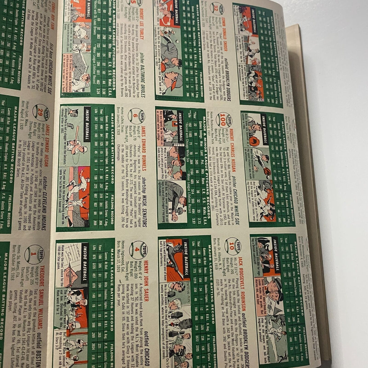 Statistical page from Sports Illustrated Magazine August 16 1954 First Edition Premier Issue, detailing player statistics and achievements in baseball.