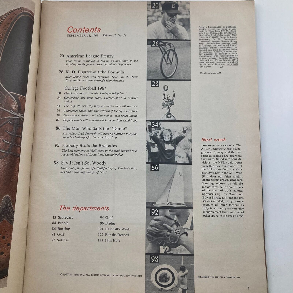 Contents page of VTG Sports Illustrated Magazine September 11 1967 featuring articles on American League Frenzy, College Football 1967, and more, highlighting significant sports events from that era.