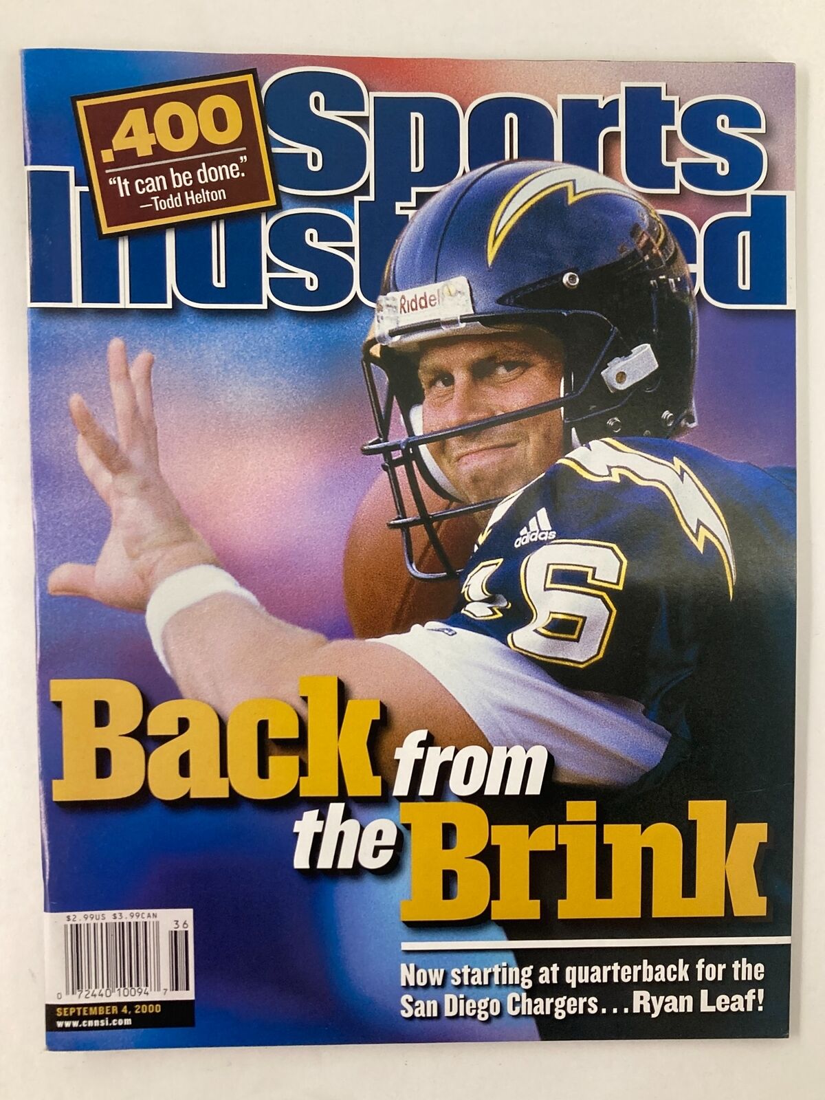 Sports Illustrated Magazine Cover - September 4, 2000 featuring Ryan Leaf with the headline 'Back from the Brink', showcasing his role as quarterback for the San Diego Chargers.