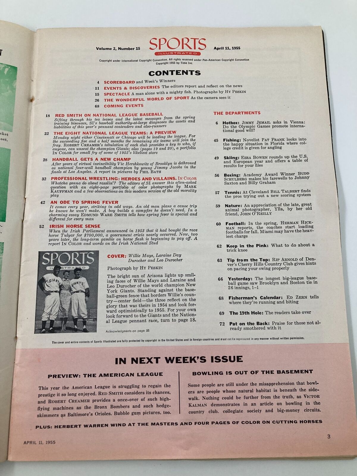 Interior page of VTG Sports Illustrated Magazine from April 11, 1955 featuring contents, including articles about Willie Mays and Leo Durocher, showcasing the magazine's historical significance in sports memorabilia.
