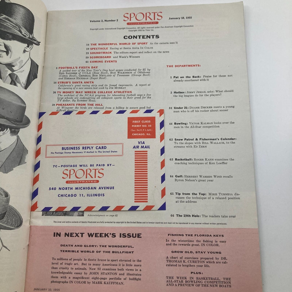 Inside page of the January 10, 1955 issue of Sports Illustrated, displaying the table of contents and highlights of featured stories including Santa Anita horse racing and various sports columns.